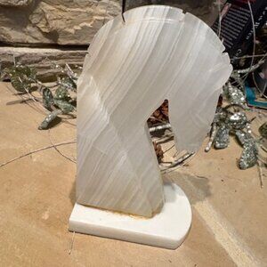 Vintage MCM Carved Alabaster Marble Onyx Stone Horse Knight Chess Bookend Accent